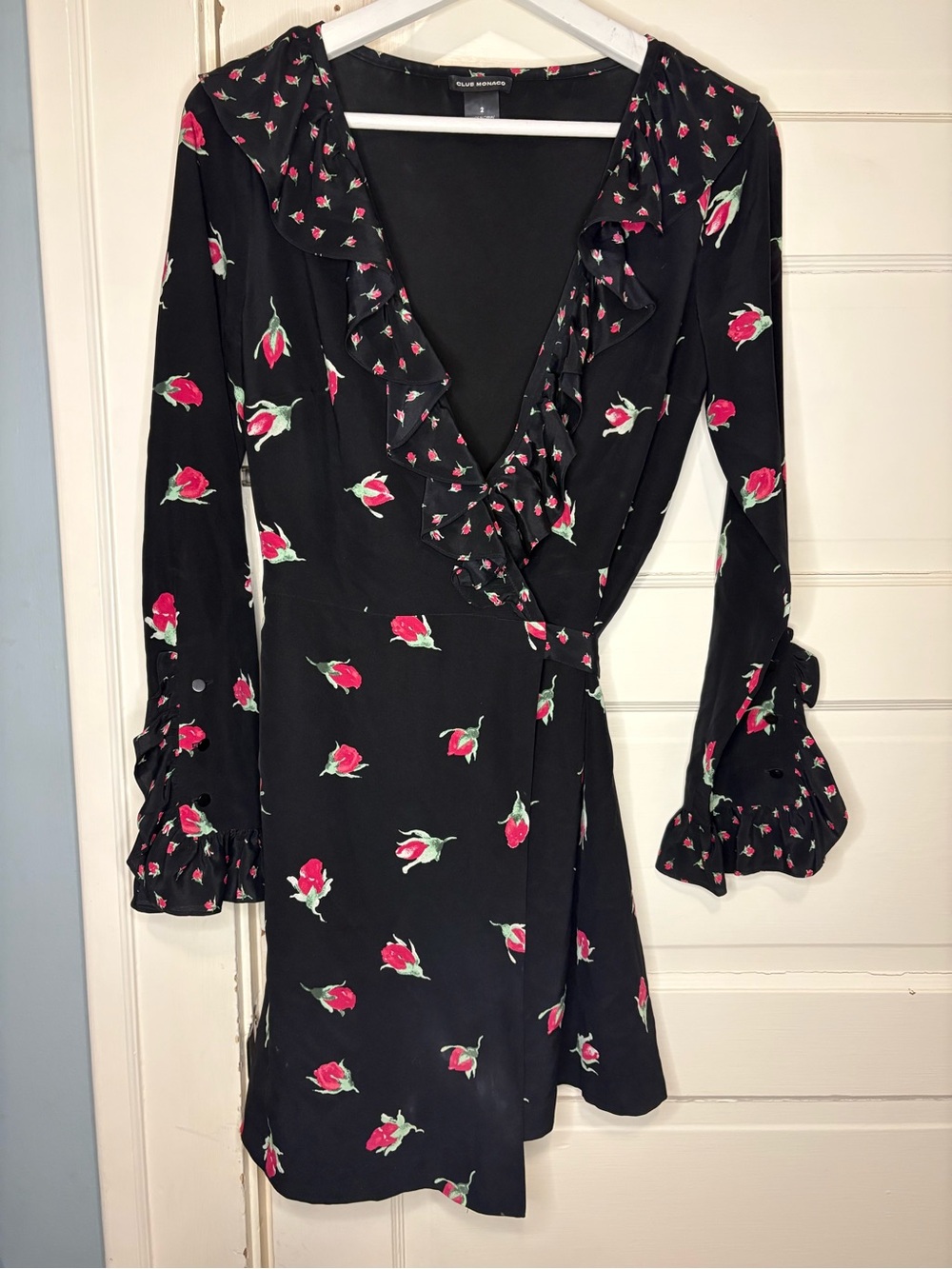 Club Monaco Silk Black Floral Wrap Dress